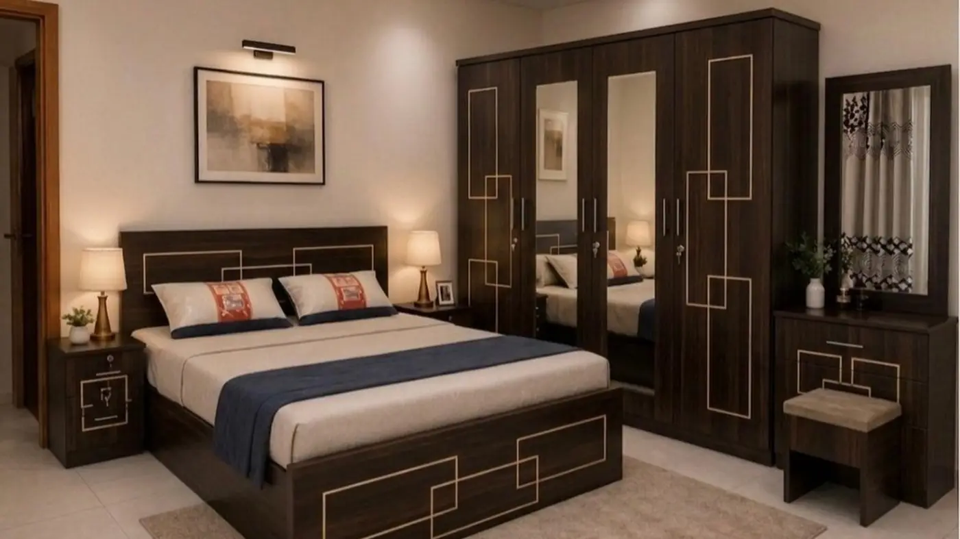 Dark walnut bedroom set with gold inlay