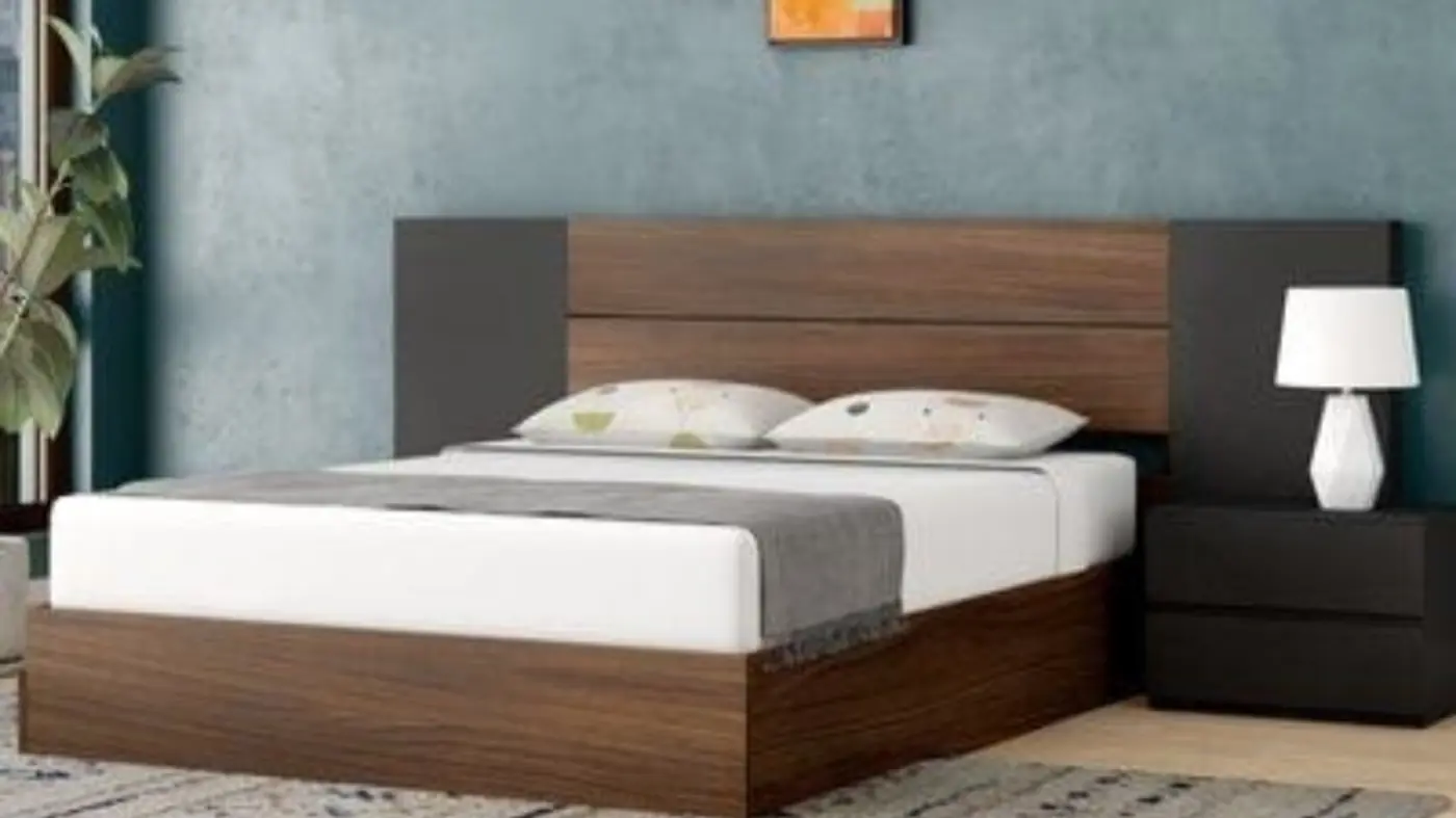 Walnut storage bed with matching side tables