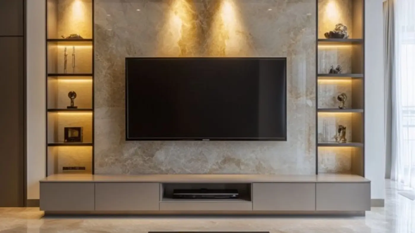 Marble and wood TV wall with spot lighting
