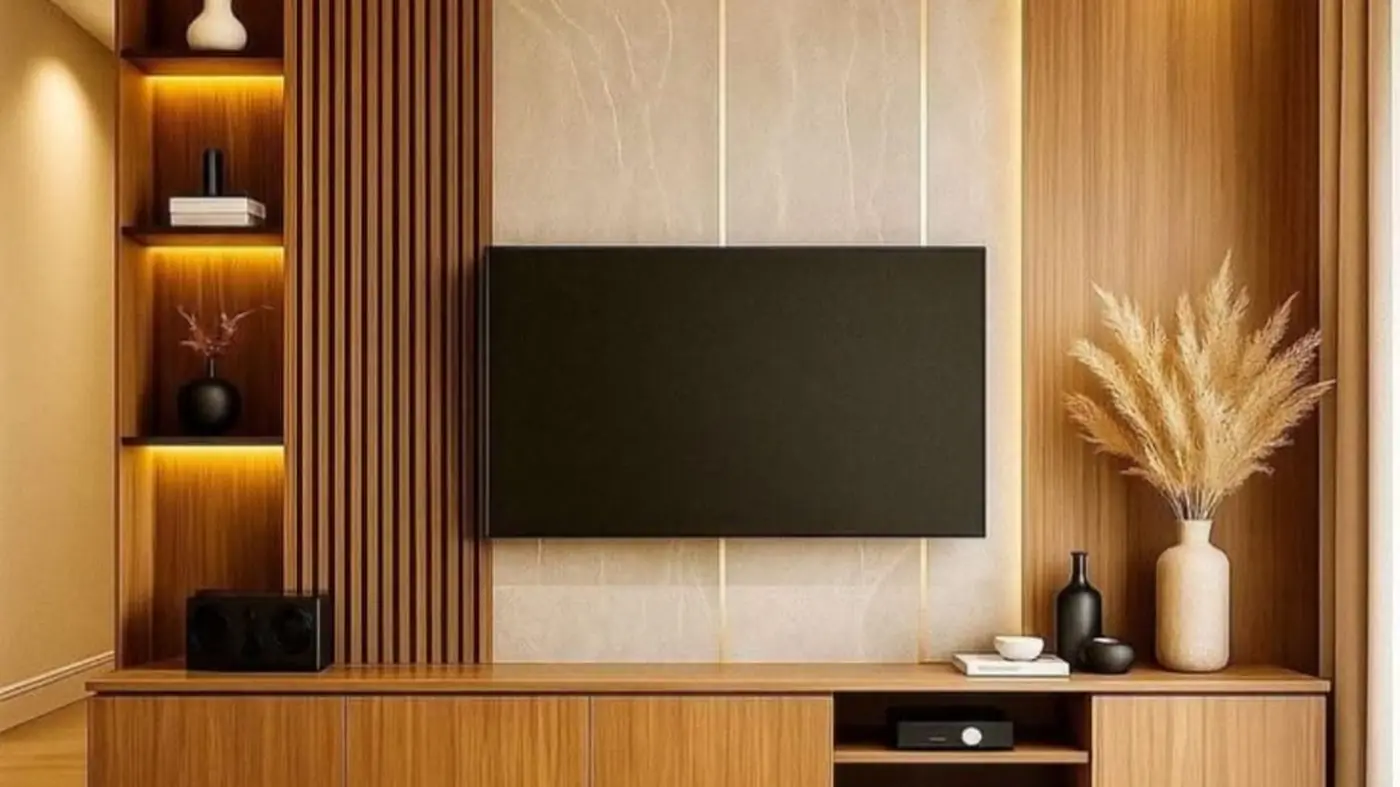 Fluted wood TV wall unit with floating console