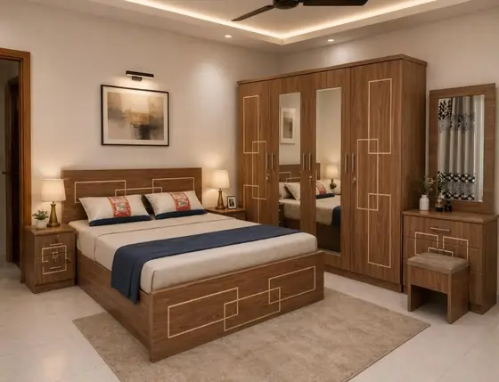 Walnut Bedroom Set with Wardrobe and Stool