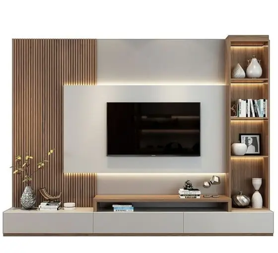 Fluted Panel TV Unit with Side Bookcase